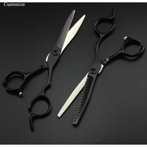 Free Customize logo japan 440c 6 '' black cut hair salon scissors set cutting barber makas Thinning shears hairdressing scissors