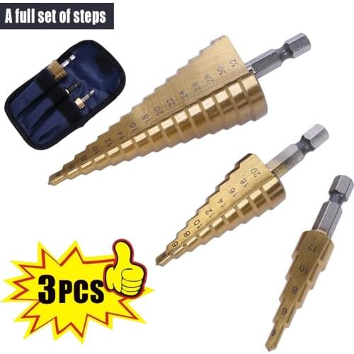 3Pcs Metric Woodworking Twist Drill Bit Set Step Drills 4-12/4-20/4-32mm Step Cone Cutting Tools Drilling Hole Drill Bit