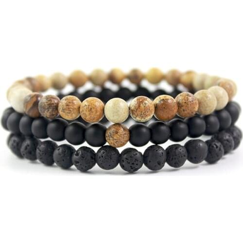 New Arrival 3pcs/set Mens Bracelet Lava Natural Stone Matte Black Bead Strand Bracelet Gift