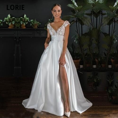 LORIE Satin Simple Wedding Dresses V-Neck Appliques Lace A-Line Backless High Side Split Boho Bride Gown 2021 vestidos de novia