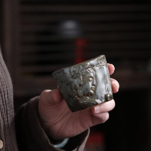 Retro Relief Ceramic Soup Cup Coarse Pottery Buddhist Mood Pattern Teacup Originality Coffee Cup Wine Cups