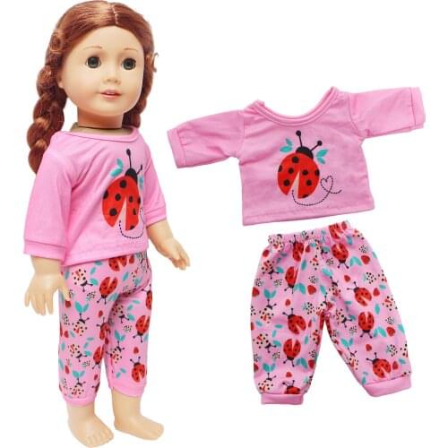 Pink Baby Doll Clothes Cute Animals Pattern Pajamas T-shirt Pants Outfit for American 18 Inch Girl & 43 cm Baby Doll Accessories