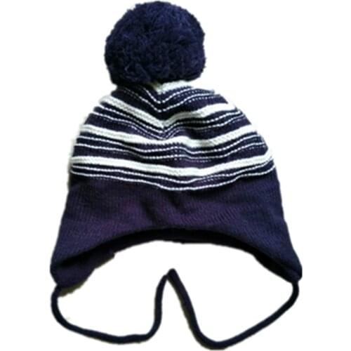 Plush Wool knitting cute Colorblock Stripes Squares Warm hat Children Baby Soft Windproof Ear protection Cap Beanies with Pom