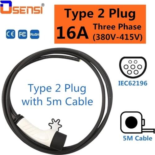 OSENSI Type 2 EV Charger Plug with 5M Cable 16A Three Phase IEC 62196-2 Electric Vehicle Cord for Car Charging Station 380V-415V