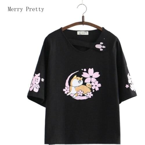 Black Cartoon Dog And Floral Print T Shirts For Women 2020 Summer Short Sleeve Cotton T Shirt Harakuju Korean Style Tops Tees