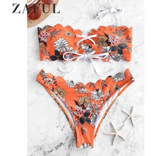 ZAFUL Daisy Print Lettuce Lace-Up Bikini Set Strapless Off The Shoulder Bandeau Bikini Swimwear Women Sexy Bathing Suit 2019