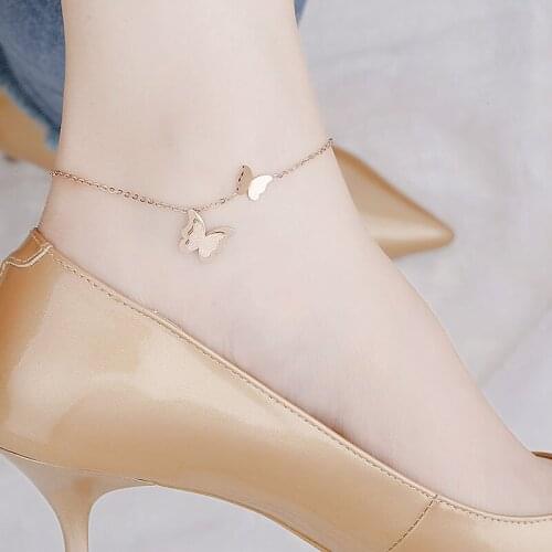 New Arrival Rose Gold Color Double Butterfly Titanium Steel Anklet Bohemian Foot Jewelry for Women Gifts