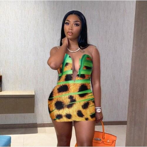 Womens 2021 summer new fashion casual print splice mesh V collar sexy wrap buttock dress woman