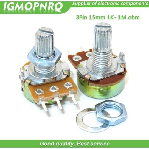 200pcs WH148 3pin 15MM B1K B2K B5K B10K B20K B50K B100K B250K B500K B1M Potentiometer 15mm With Nuts And Washers 1K 2K 5K 10K