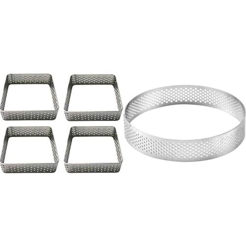 5Pcs Stainless Steel Porous Mousse Ring Bottom Cake Mold Baking Tool - 4Pcs Square & 1Pcs Round