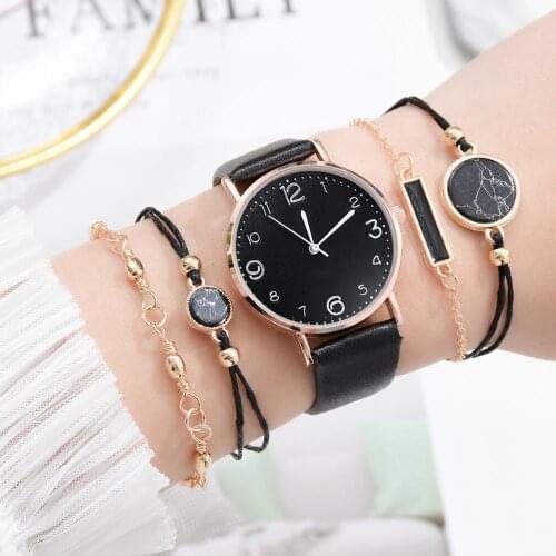 5pcs Set Fashion Womens Luxury Leather Band Analog Quartz WristWatch Golden Ladies Watch Women Dress Reloj Mujer Black Clock