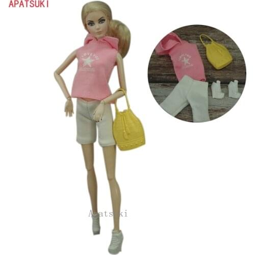 Pink Star Hoodie Clothes Set For Barbie Doll Outfits For Barbie Crop Pants Shorts Shoes Handbag Toys 1/6 Dolls Accessories DIY