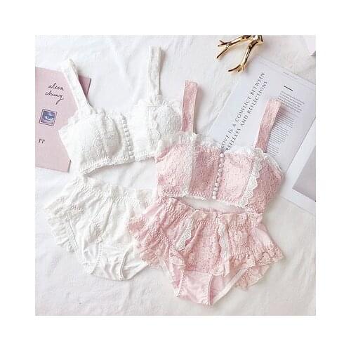 HONVIEY Japanese front button lingerie set cotton retro lotus girl tube top full thin cup summer wirefree gathered White bra set