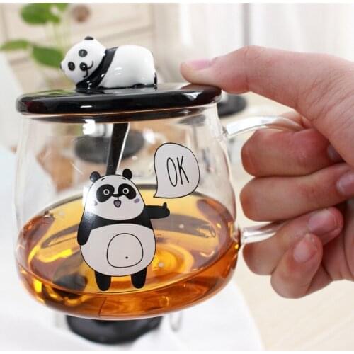 High borosilicate glass creative hand painted ceramic panda with cover Mug Glass water cup breakfast coffee cup gift
