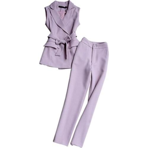 Fashion Pink suit women spring and autumn New casual suit women sleeveless suit belt waistcoat + nine points pants Two-piece Set