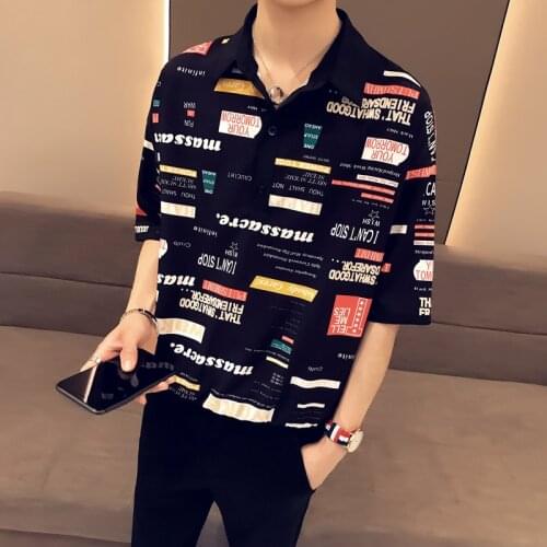 New 2019 Summer Korean Fashion Street Wear Pullover Shirt Men Loose Printing Shirt Mens Short Sleeve Dress Shirts