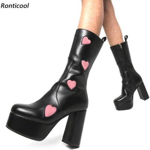 Ronticool New Stylish Women Winter Mid Calf Boots Chunky Heel Round Toe Gorgeous 10 Colors Boutique Shoes Plus US Size 5-15