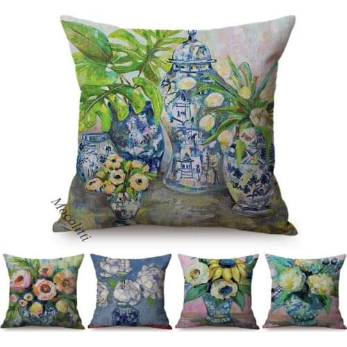 Luxury Oil Painting Home Decoration Throw Pillow Case Flowers Peonies Vase Jar Chinese Style Cotton Linen Car Sofa Cushion Cover