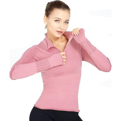 Pink Long Sleeve Yoga Shirt With Zipper Running Shirt Women Sport Top Fitness Women Pullover Hollow Yoga Top Sport T Shirt Women