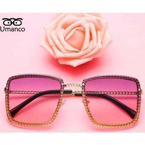Umanco 2021 Hot Luxury Chain Frame Rimless Square Sunglasses Women Men Metal Frame PC Lens Fashion Brand Outdoor Shades Gifts