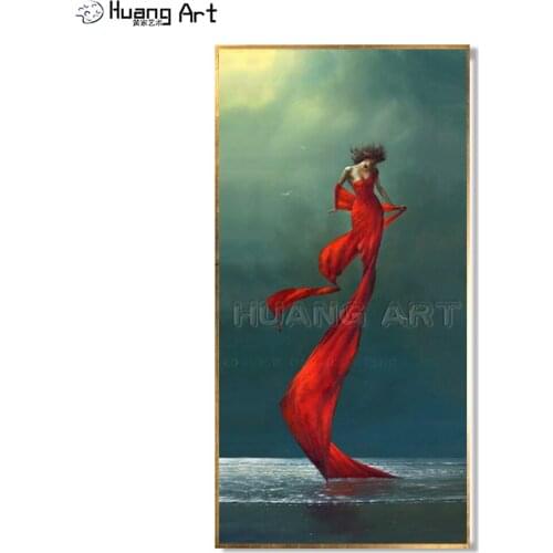 Top New Style Handmade Modern Abstract Lady Portrait Wall Artwork Sexy Girl in Red Full Dress Fly on the Sea Canvas Oil Painting
