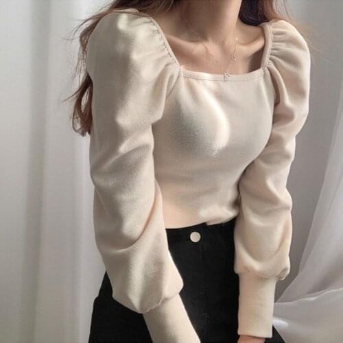 Women Square Collar T Shirt Slim Fit Puff Sleeve Solid Autumn Knit Top