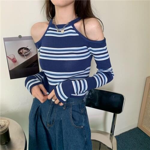 Halter Strapless Striped long sleeve knit t-shirt women