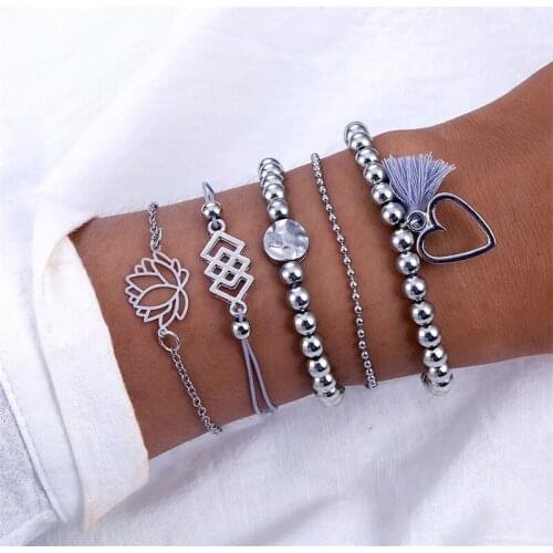 FNIO Boho Bangle Heart Shaped Lotus Geometry Fringed Bead Bracelet Women Charm Party Wedding Jewelry Accessories