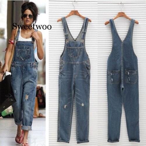 New Stylish Casual Loose Vintage Women Denim Overalls Scratched Washed Ripped Hole Girl Full Lengt Pants Female Jumpsuits 3XL