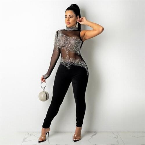 Hot drilling Patchwork Sheer Mesh Jumpsuit Women Mock Neck Long Sleeve Skinny Overalls Night Club One Piece Outfits Plus Size