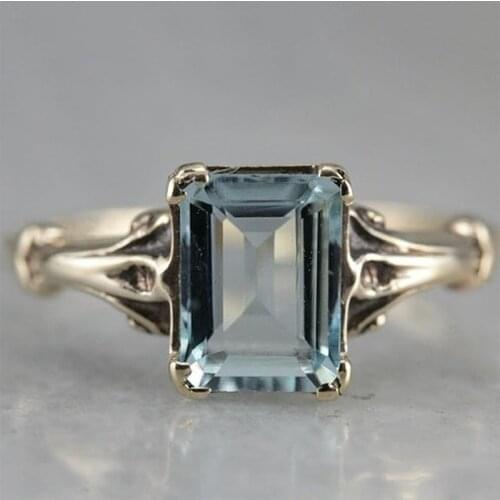 Square Clear Mint Blue Stone Rings For Women Gold Metal Princess Zircon Vintage Stackable Joint Thin Ring Female Wedding Bands
