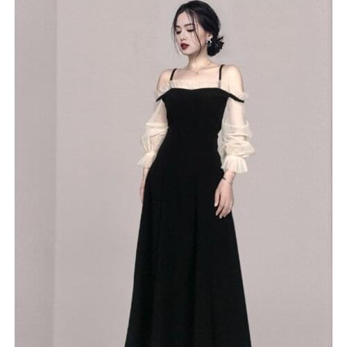 Korean Mesh Patchwork Black Party Dress Women Slash Neck Long Sleeve Autumn Long Dress Spaghetti Strap Elegant Runway C917