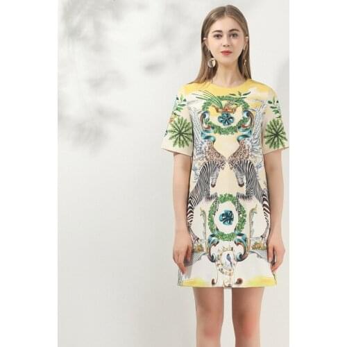 1106 2021 Free Shipping Spring Dress Crew New Short Sleeve Beads Yellow Flora Print Empire Fashion Womens Clothes SH