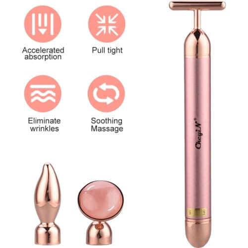 3 in 1 Electric Jade Massage Roller Rose Quartz Facial Massager Vibrating Slimming Face Skin Lifting Tighten Anti-Wrinkle Beauty