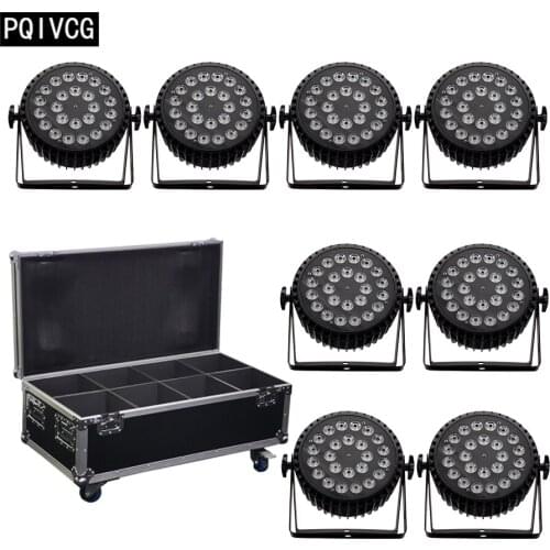 8pcs/lot Aluminum 24X18W RGBWA UV 6in1 Led par light+flight case 18w led flat par stage DMX512 DJ lights Aviation plug