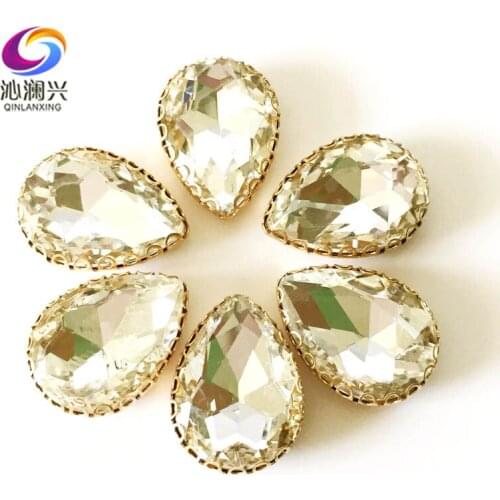 White color Drop shape top glass crystal lace claw rhinestones,golden base sew on stone for Diy/Clothing accessories HGS01