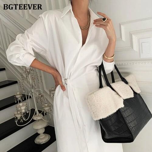 BGTEEVER Casual Turn-down Collar Women Solid Shirt Dress Ladies Single-breasted Loose Belted Long Straight Dress 2021 Spring