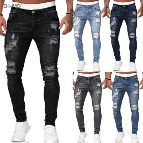 EH·MD® Solid Color Frayed Hole Jeans Mens Feet Cotton High-stretch Elastic Pencil Pants Skinny Seasonal Youth Cat Mustache 2021