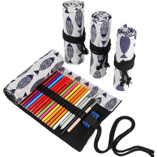 Kawaii Cute Fish Roll School Pencil Case 12/24/36/48/72 Holes Canvas Pencilcase for Girls Boys Large Big Pen Bag Sationery Pouch