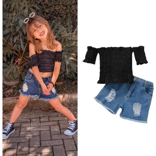 FOCUSNORM Summer Fashion Kids Girls Clothes Sets 1-6Y Solid Off Shoulder T Shirts Tops Blue Denim Hole Shorts