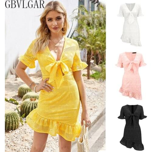 Summer Beach Lace Bow Boho Solid Womens Asymmetri Sheath Dress 2021 New Sexy Deep V Neck Short Sleev Ruffle Ladies Mini Dresses