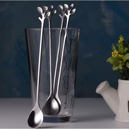 Long Handle Iced Tea Spoons set Creative Gold Leaf Cocktail Stirring Spoons, Premium Food Grade Stainless Steel, Mirror & W3JE