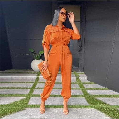 Neon Orange Casualwear Rompers Womens Jumpsuit Sexy Turn Down Collar Half Sleeve Loose Overall Moto & Biker One Piece Bodysuits