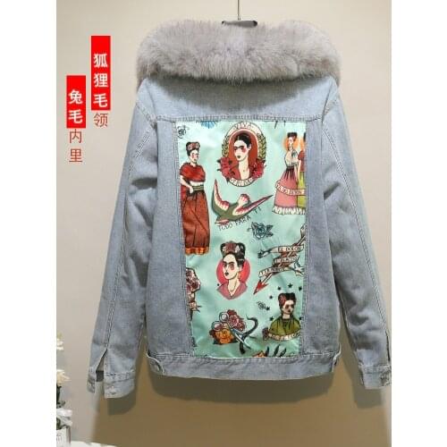 2021 new street fashion patch designs denim jacket for women loose plus velvet winter real fur cotton coat printing Parkas