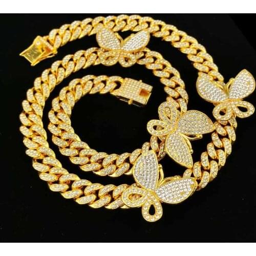 Hip Hop Bling Iced Out 2 Row Cz Miain Cuban Chain Necklace Women Geometric Cubic Zirconia Stone Butterfly Chain Necklaces 12mm