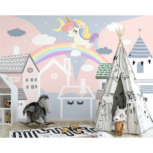 Beibehang Custom Nordic hand-painted cartoon small house unicorn childrens room interior background papier peint wallpaper