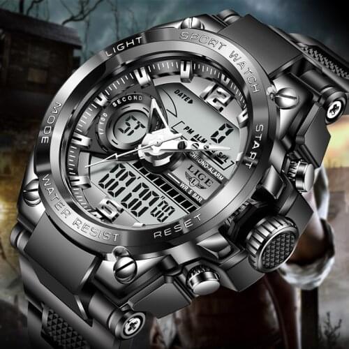 Relogio Masculino 2021 LIGE Sport Men Quartz Digital Watch Creative Diving Watches Men Waterproof Alarm Watch Dual Display Clock
