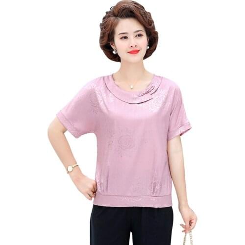 Silk Flower T-Shirts Women Short Sleeve Tee Tops Casual Summer Clothing 2021 New Pullover 5XL Plus Size Middle Aged Mother Tops