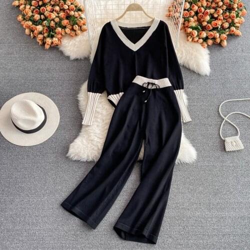 SINGREINY Women Autumn Fashion Korean Set Long Sleeve Irregular Knitted Pullovers+High Waist Wide Leg Long Pants Two Piece Suit
