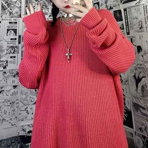 Winter WomenS Sweater Streetwear Retro White Knit Pullover Loose O-Neck Long Sleeve Sweater Harajuku Red Ladies Top Trendy Ins